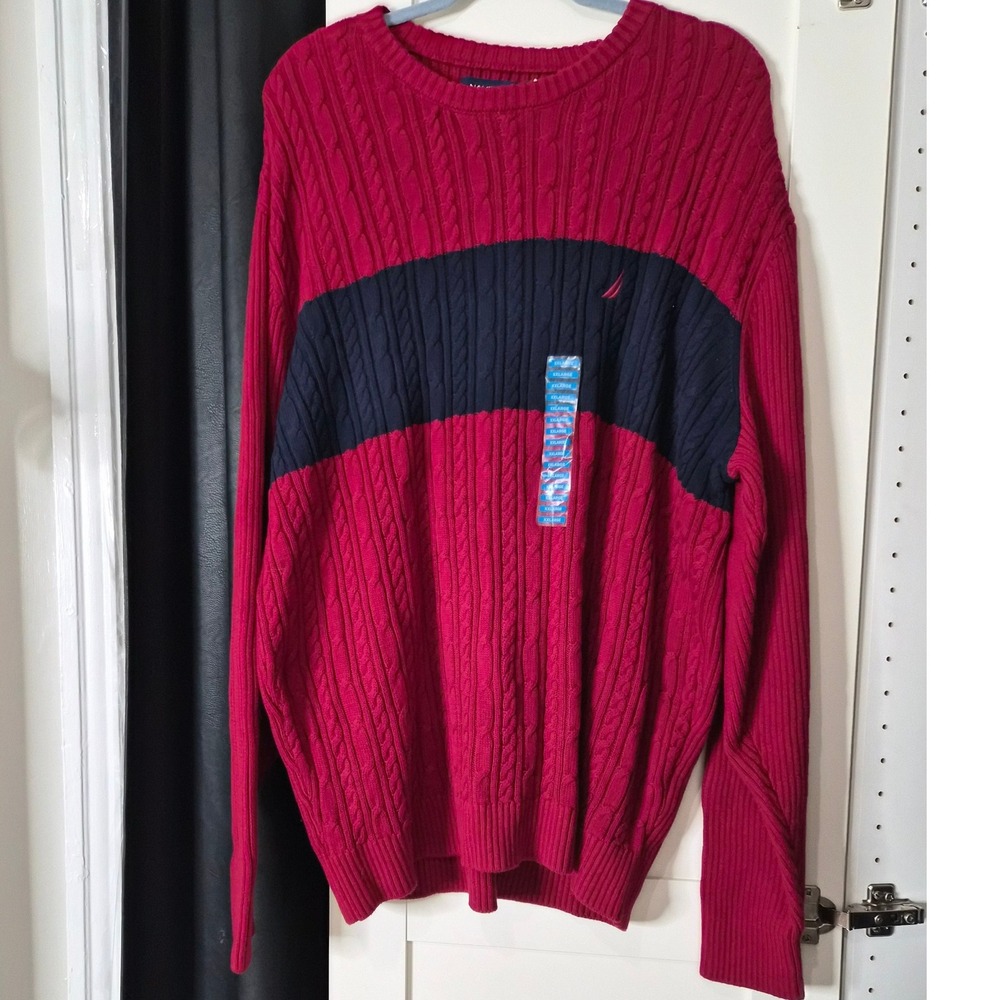 NWT Nautica XXL Red Cable Knit Sweater‎ Blue Stripe Long Sleeve
